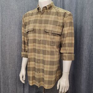 WOOLRICH Long Sleeve Canvas Shirt Midweight Cotton Tan Brown Plaid Men's Large